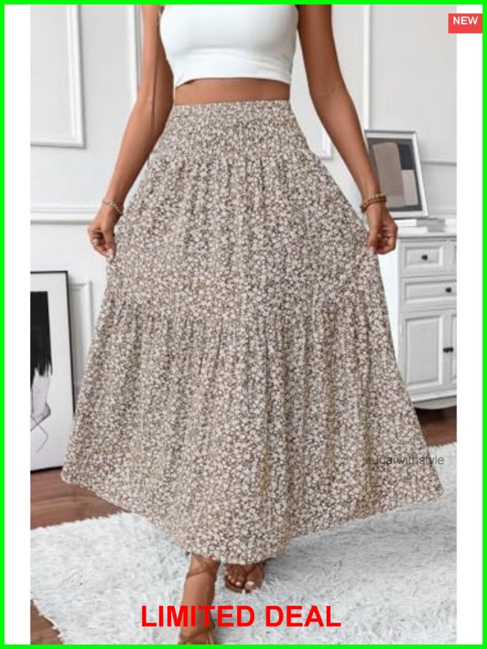 Boho Maxi Skirt Floral Smocked High Waist Long Skirt with Pockets - Picture 2 of 6